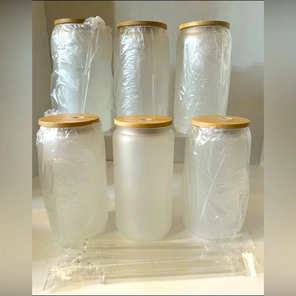 Set of 6 frosted sublimation glass cups with bamboo lids!!!